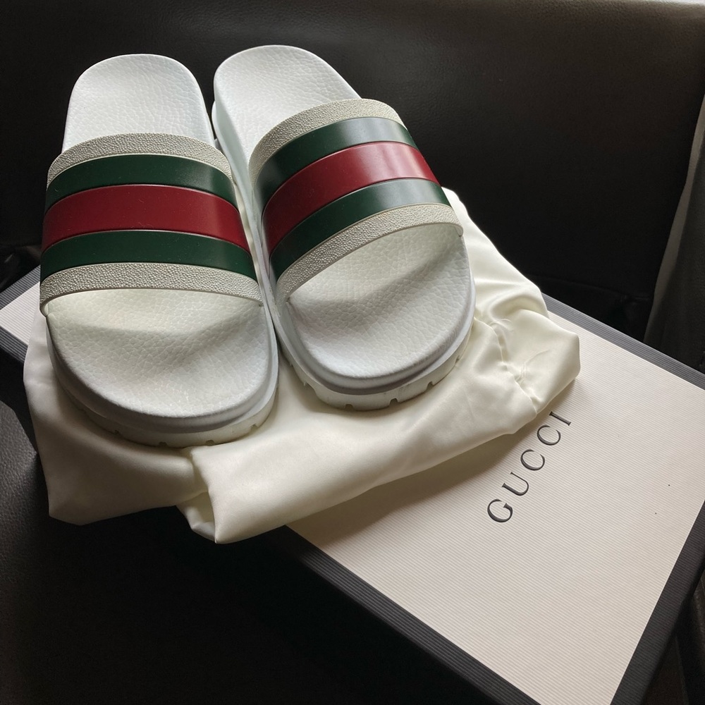 white gucci slides